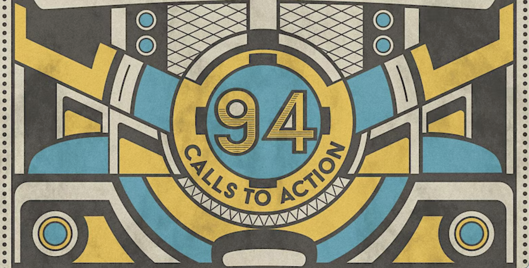 94 Calls to Action. Text is embedded in a colourful design of blue, yellow and white shapes.