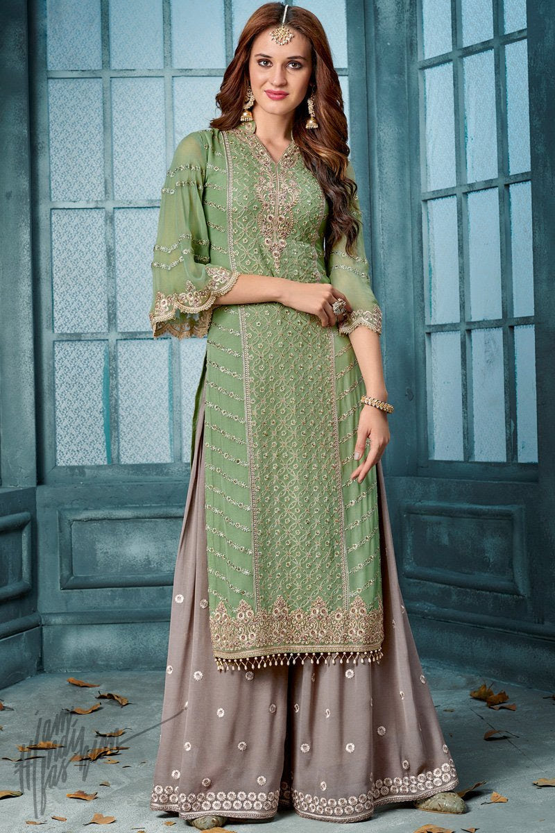 Green and Gray Georgette Party Wear Palazzo Suit