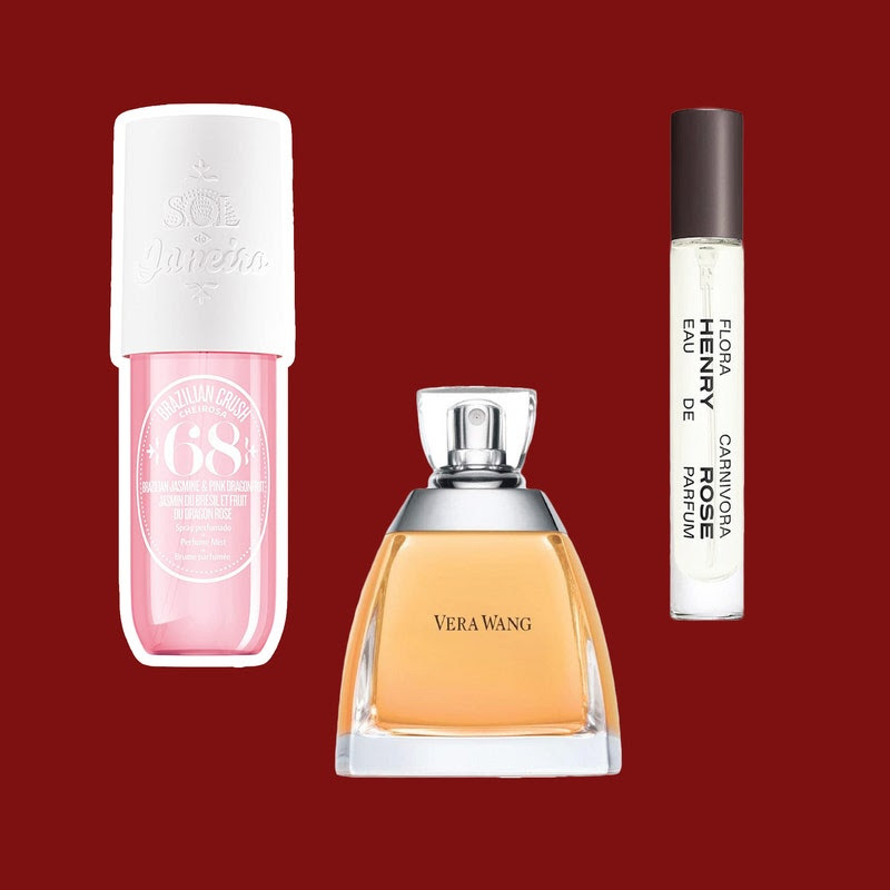 Fragrances from Sol de Janeiro, Vera Wang, and Henry Rose on a red background