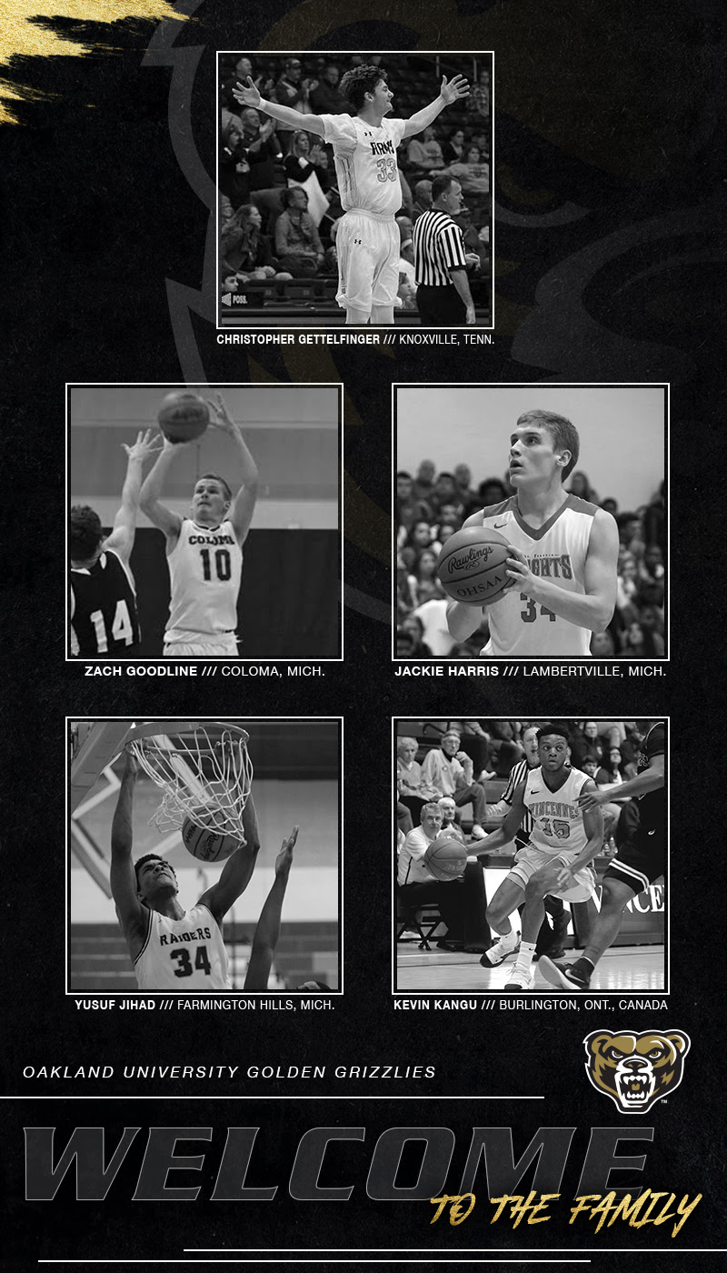 Men's Basketball Recruits graphic with players action photo, name and hometown