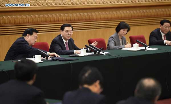 BEIJING, March 5, 2016 (Xinhua) -- Zhang Dejiang (2nd L, back), chairman of the Standing Committee of China