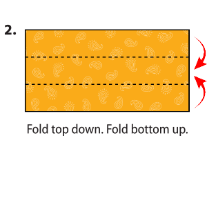 The square bandanna is shown lying flat. The bandanna is then folded in half, bringing the top edge of the bandanna to meet the bottom edge of the bandanna.