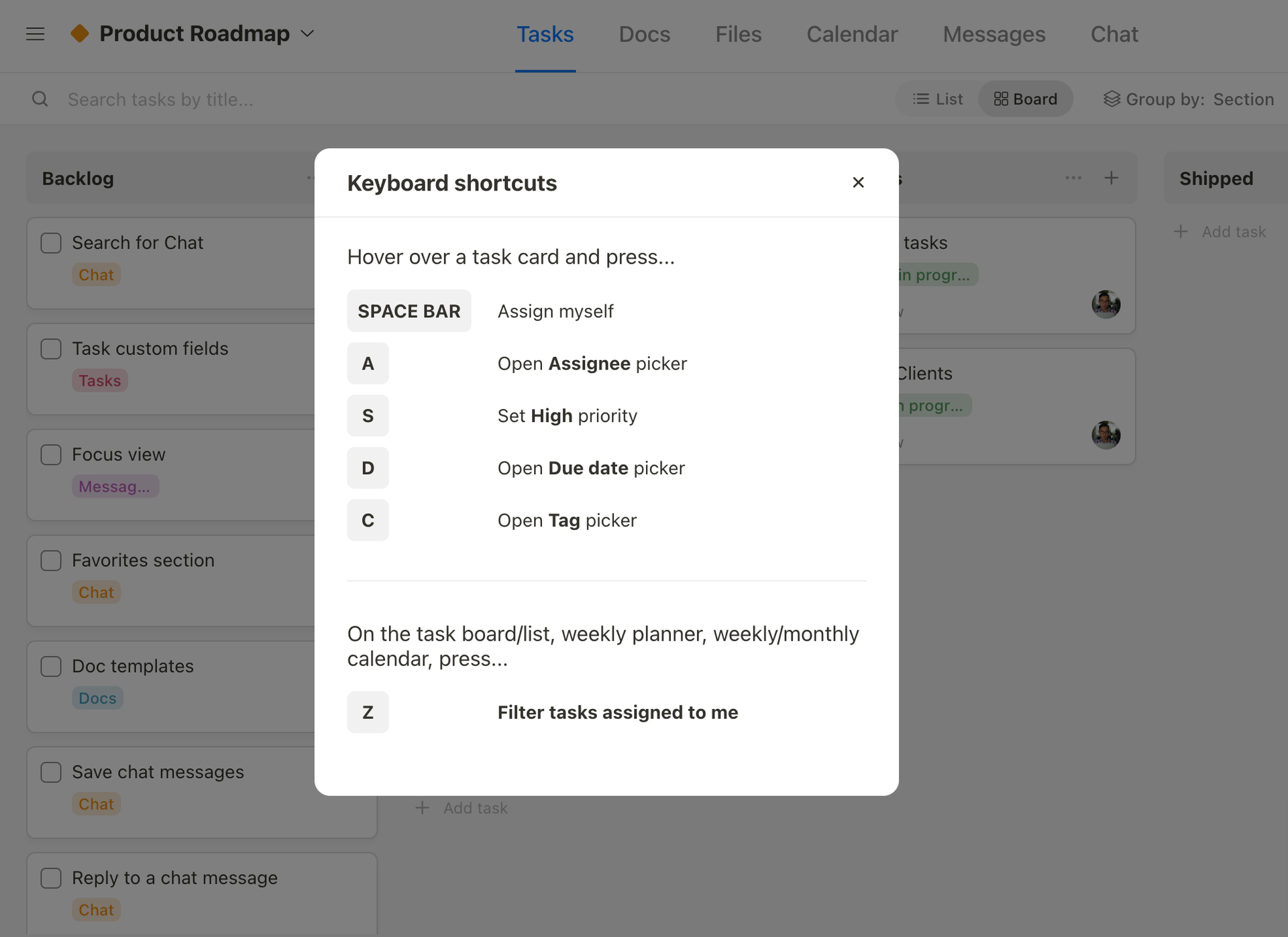 Upbase: how to open the keyboard shortcuts popup.