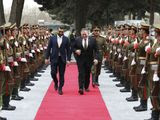 U.S. Secretary of State Mike Pompeo, right, and Afghanistan&#39;s National Security Adviser Hamdullah Mohib, arrives at the Presidential Palace in Kabul, Afghanistan, Monday, March 23, 2020. Pompeo was in Kabul on an urgent visit Monday to try to move forward a U.S. peace deal signed last month with the Taliban, a trip that comes despite the coronavirus pandemic, at a time when world leaders and statesmen are curtailing official travel. (Afghan Presidential Palace via AP)