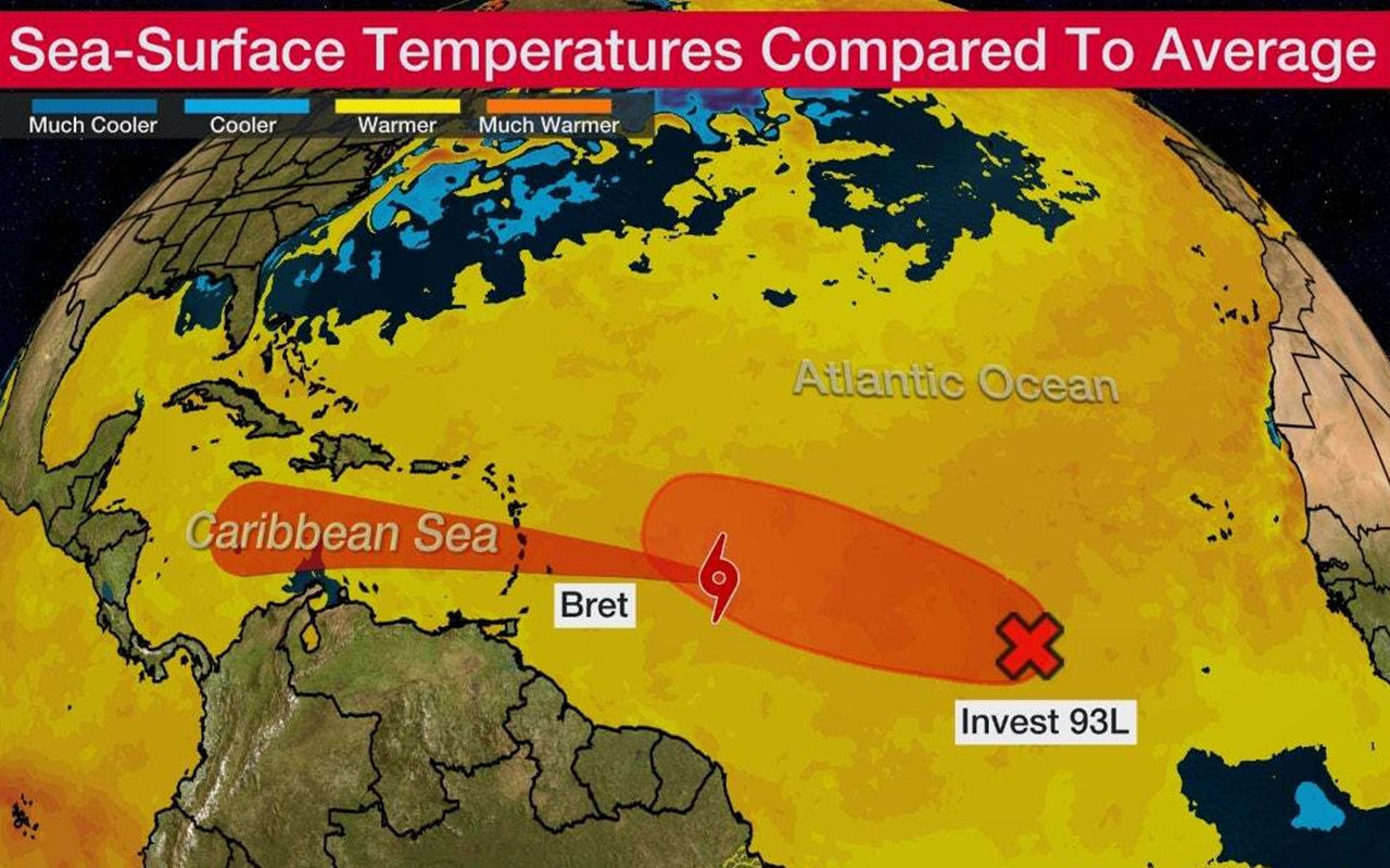 a map of the Atlantic Ocean shows anomalies in water temperatures.