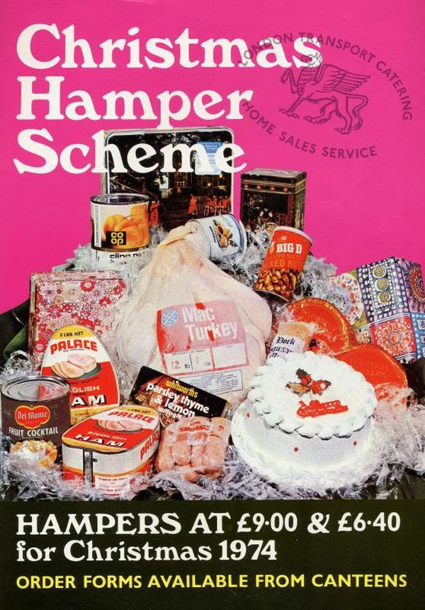 Poster advertising a Christmas hamper scheme with photo of a turkey, Christmas cake and cans of food