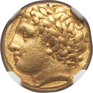Ancients: SICILY. Syracuse. Agathocles (317-289 BC). AV hemistater or decadrachm (50 litrae) (16mm, 4.28 gm, 6h). NGC Choice VF 5/5 - 3/5, Fine Style