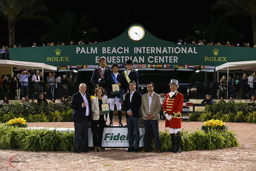 Luiz Francisco de Azevedo, Kent Farrington, and Catherine Tyree in their presentation with Equestrian Sport Productions President Michael Stone, owner Robin Parsky, Dustin Longest, Sports Marketing Associate, Rolex Watch USA, Peter Petrone, Vice President, Financial Consultant Fidelity Investments®, Boca Raton Investor Center, and ringmaster Steve Rector.