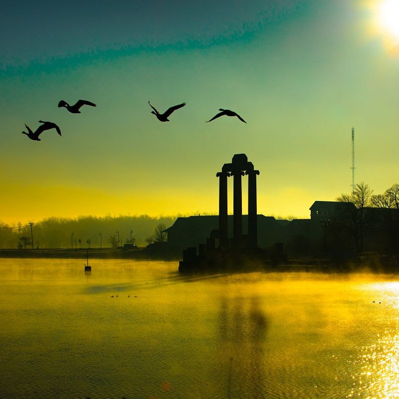 Baird Point with Lake La Salle at sunrise in April 2020.