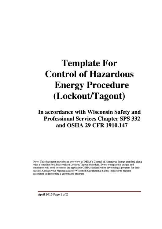 Template For Control Of Hazardous Energy Procedure (Lockout/tagout