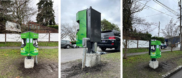 Three images of green electric vehicle charging stations.