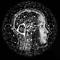 Detailed black and white illustration of a person looking left to right intended to convey technology and AI