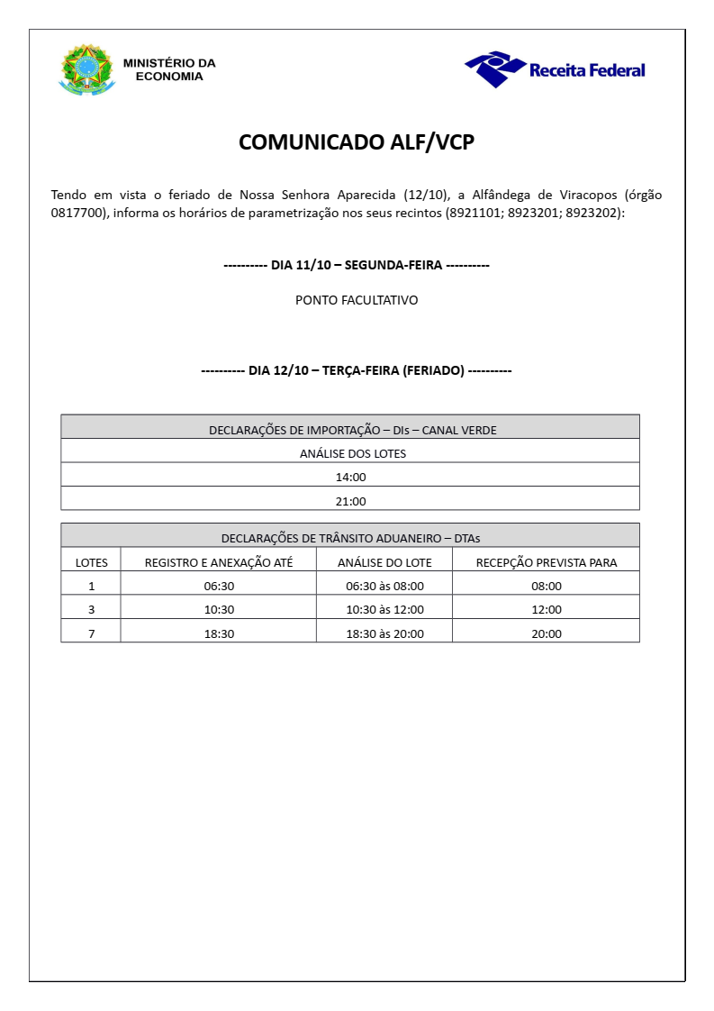 COMUNICADO ALF VCP - FERIADO 12 DE OUTUBRO