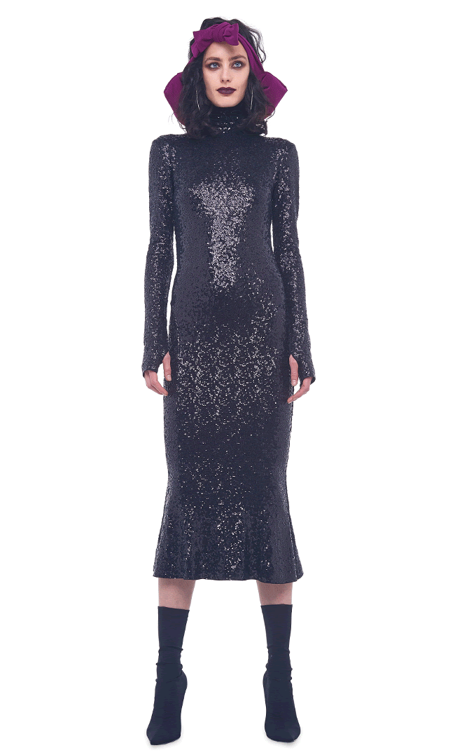OVERLAPPING SEQUIN LONG SLEEVE TURTLE FISHTAIL DRESS TO MIDCALF