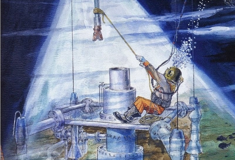 Offshore diver painting by Clyde Olcott.