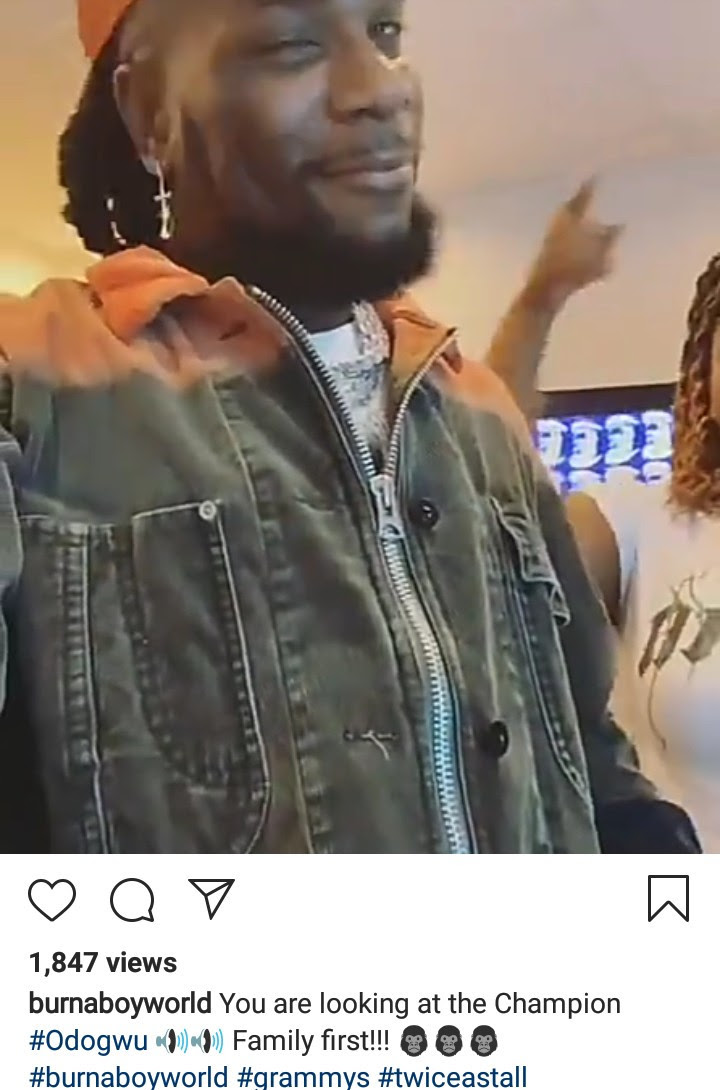 "You are looking at the champion" Burna boy says as he celebrates his Grammy nomination with his family (video)