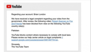 YouTube on Robert Spencer video: “We have received a legal complaint from the government” — of Pakistan