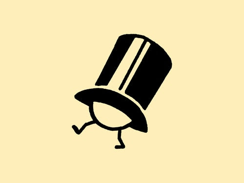 Figure in a top hat walking jauntily on a yellow background.