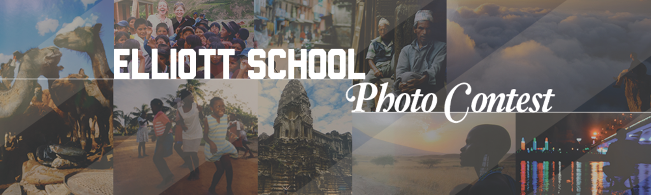 Compilation of photo contest photos. From left to right: Camels, children dancing, old car, ruins, African savannah, clouds and a student sitting on a cliff, city lights reflected on the water
