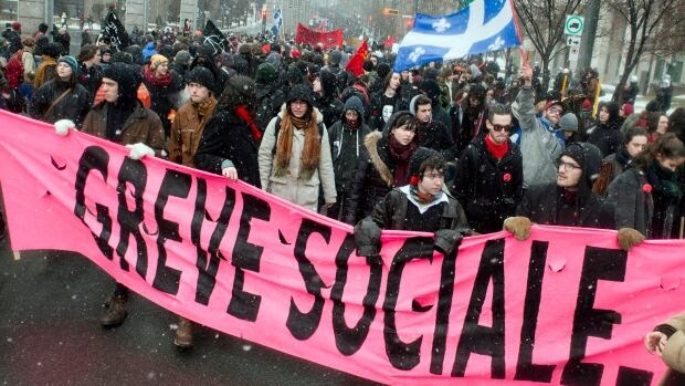 Students demonstrate against austerity changes proposed by the provincial government Saturday, March 21, 2015 in Montreal. 