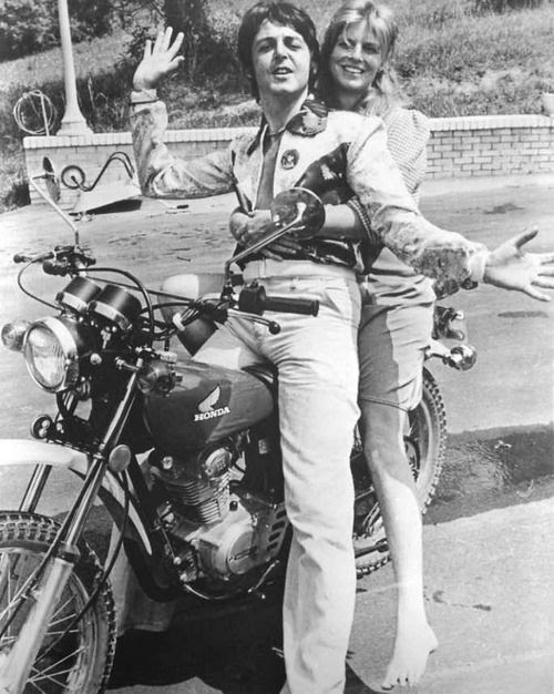Paul McCartney and his wife, Linda,  on a 1974 Honda XL125