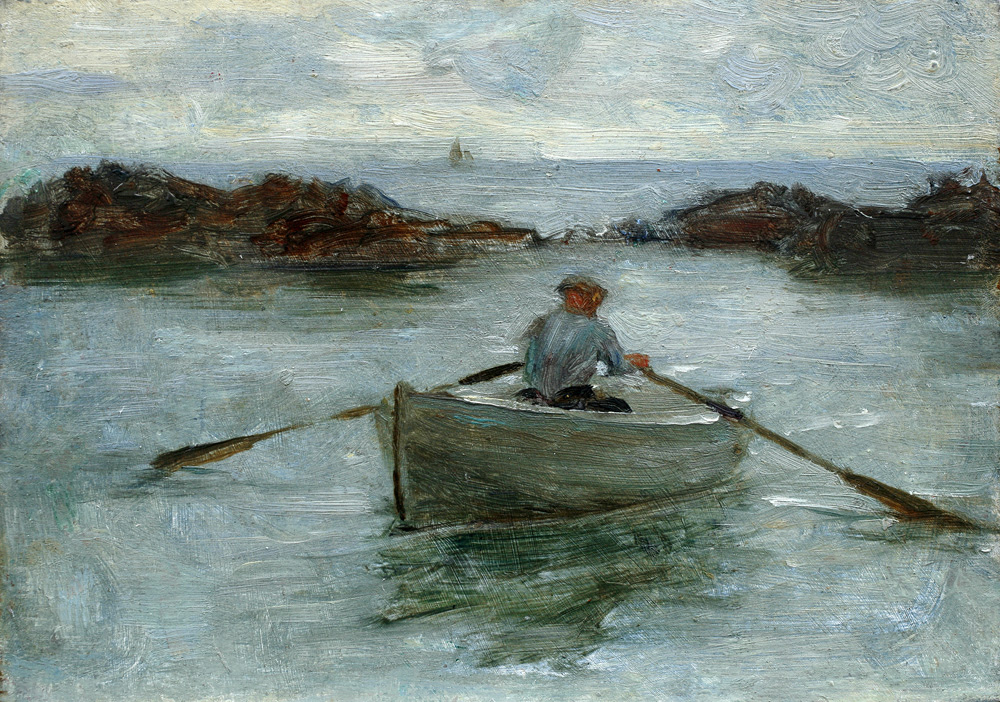 Impressionist painting of a solitary rower on a boat. Rowing art by Henry Scott Tuke