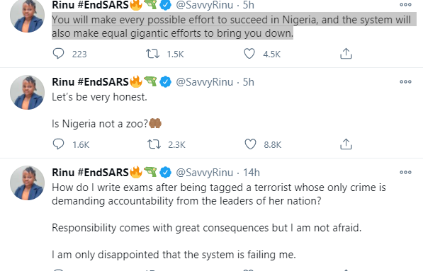 How do I write exams after being tagged a terrorist - #EndSARS frontliner, Rinu laments over inability to write her exams