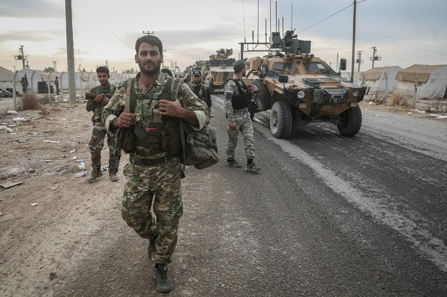 Soldiers at a staging area for the Turkish Armed Forces in the Turkish town of Akcakale along the border with the Syrian town of Tall Abyad.