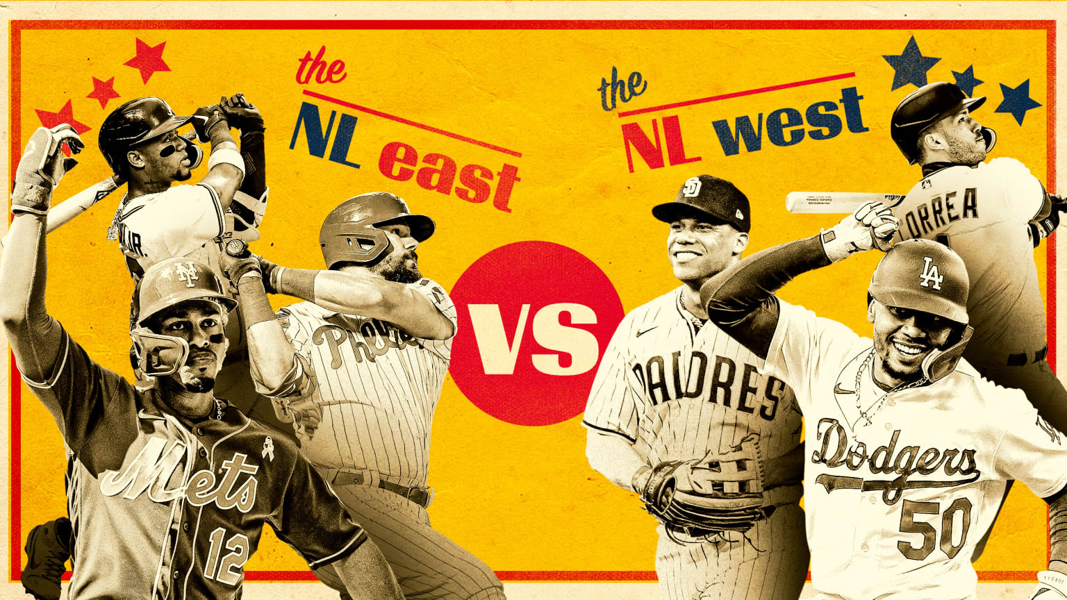 A photo illustration showing three players from the NL East and three from the NL West