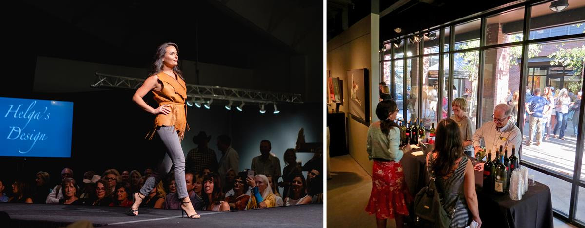 Left to right: The live runway fashion show at the Western Design Conference’s Opening Preview Party; crowds fill Jackson galleries and streets during the Palates & Palettes Gallery Walk (Runway photo by New Thought Digital).