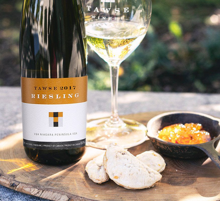 Bottle and glass of 2017 Niagara Riesling VQA from Tawse Winery