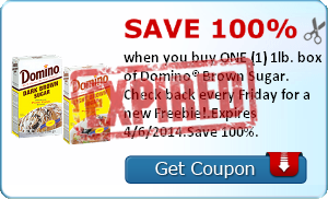 Save 100% when you buy ONE (1) 1lb. box of Domino® Brown Sugar. Check back every Friday for a new Freebie!.Expires 4/6/2014.Save 100%.