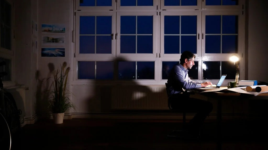 a man is sat at a desk working at night