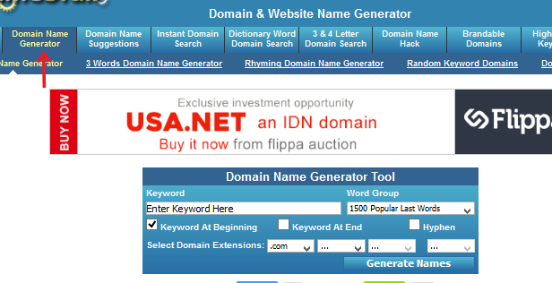 Namestall domain name generator tool