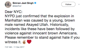 In wake of NY Port Authority jihad bombing, Sikh prof warns of “violence against innocent brown Americans”