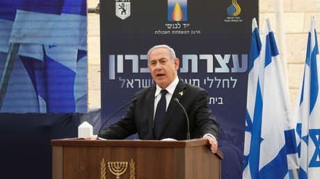 El primer ministro israelí, Benjamín Netanyahu, durante una conmemoración del Día de los Caídos en Israel, el 7 de mayo de 2019.