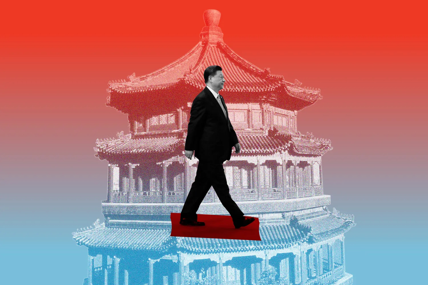 A photo illustration shows the Qing-era Summer Palace in Beijing behind an image of Chinese President Xi Jinping walking.