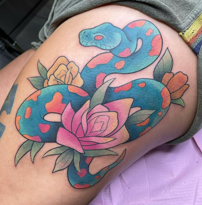 Colorful Snake Tattoo by Nicole Gangwer