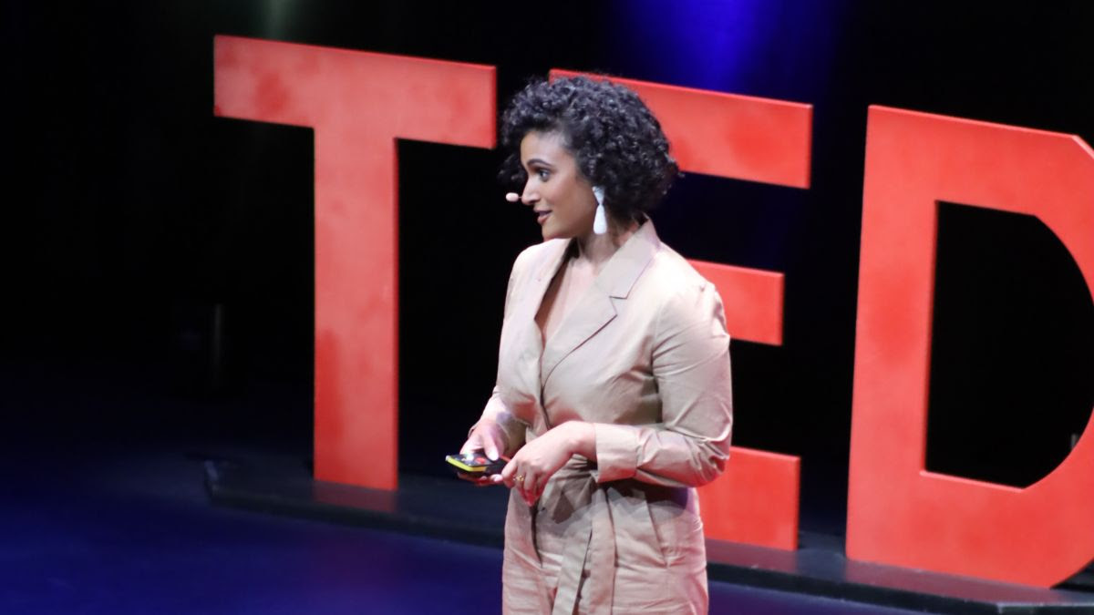Nina Davuluri gives a "TED Talk" presentation on the TEDxBerkeley stage