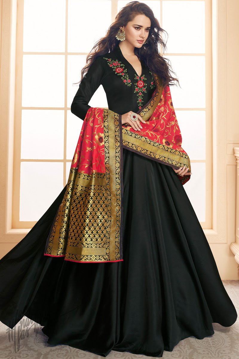 Black and Red Satin Floor Length Suit