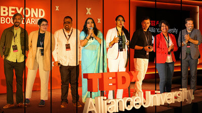 TEDxAllianceUniversity Speakers from L-R: Saiwyn Quadras, Screenwriter; Ankita Mehra, Diversity & Inclusion Leader; Ruchir Falodiya, Community Manager at Tata CLiQ and Alliance Alumnus; Malavika Avinash, Actor & Politician; Candida Louis, Biker; Ashish Raorane, Motorsport Athlete; Vaishnavi H. S., Media Professional; and Lt. Col. Rohit Mishra (Rtd.), Army Veteran and Founder & Director of Mission Fightback