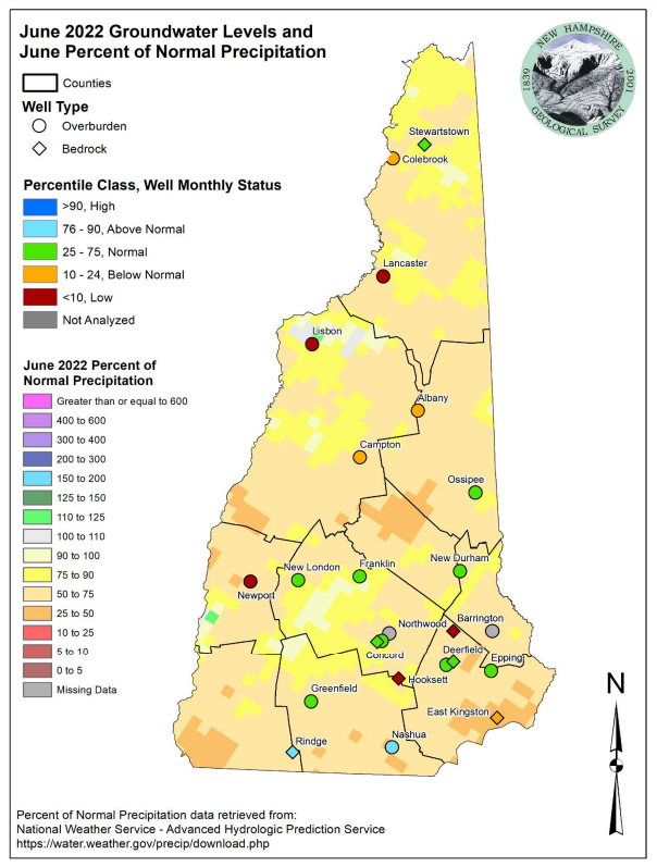 Map of groundwater levels in New Hampshire in June based on the state's groundwater monitoring network.