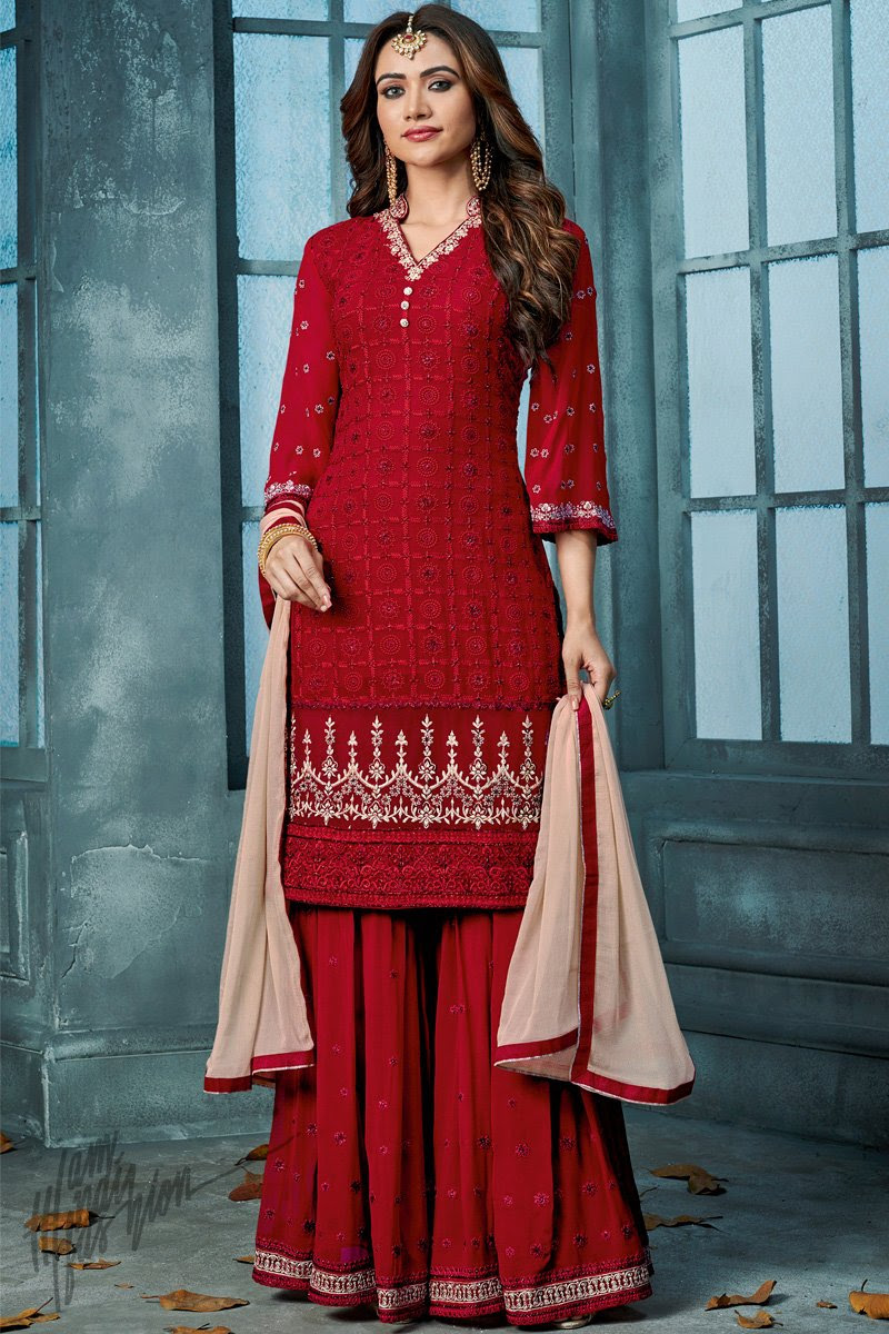 Red and Nude Georgette Party Wear Palazzo Suit