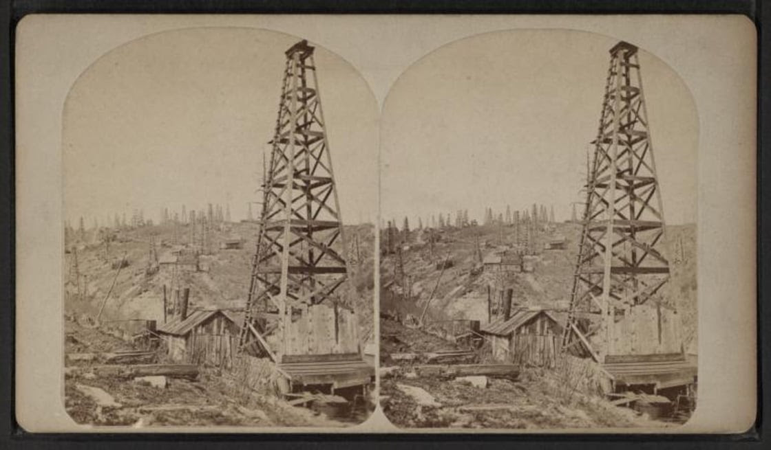 Stereograph view of derricks at Triumph Hill, PA , circa 1870.