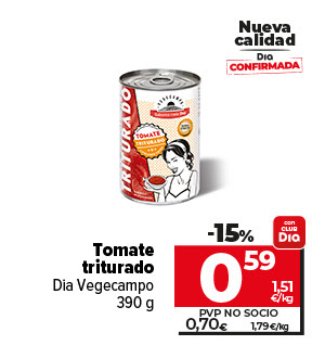 Nueva calidad Dia confirmada. Tomate triturado Dia Vegecampo 390g ahora un 15% más barato con CLUBDia a 0,59€ a 1,51€/kg. Pvp no socio a 0,70€ a 1,79€/kg