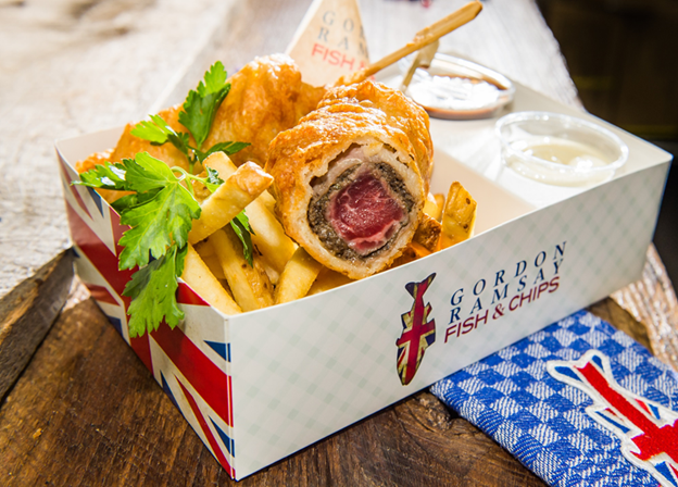 Fried Wellington & Chips at Gordon Ramsay Fish & Chips