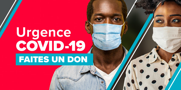 L'image représente un garçon et une fille portant un masque et dit : Urgence COVID-19. FAITES UN DON MAINTENANT.