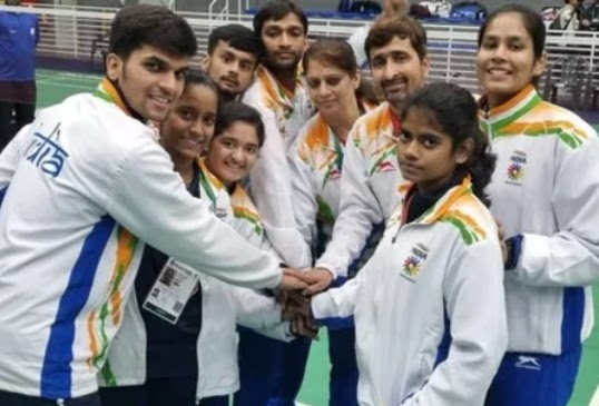 The Indian badminton team posing after winning gold in Brazil in May 2022; Aditya Yadav (second from left)