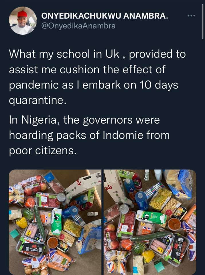 Nigerian man shares photos of food items his UK school provided to support him while on a 10 day quarantine 