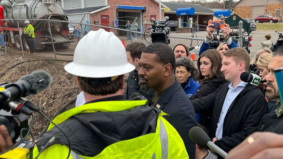 PHOTO: Environmental Protection Agency administrator Michael Regan answers questions at Sulphur Creek in East Palestine, Ohio, Feb. 16, 2023.